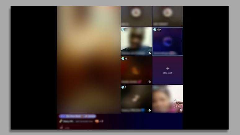 Uma captura de tela desfocada de uma transmiss&atilde;o ao vivo do TikTok: algumas dan&ccedil;arinas (&agrave; direita) se revezam para dan&ccedil;ar sugestivamente na tela principal (&agrave; esquerda)