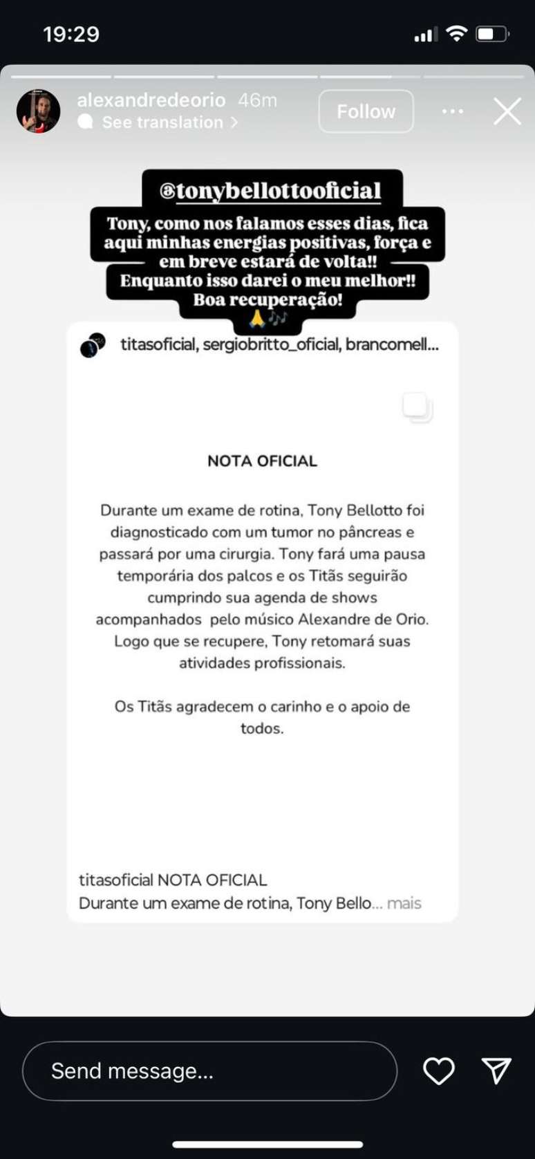 Postagem de Alexandre de Orio no Instagram