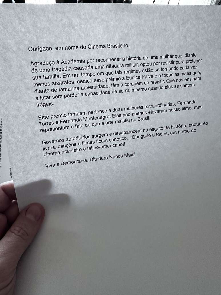 Walter compartilhou nas redes sociais, uma foto com o discurso na &iacute;ntegra &mdash;