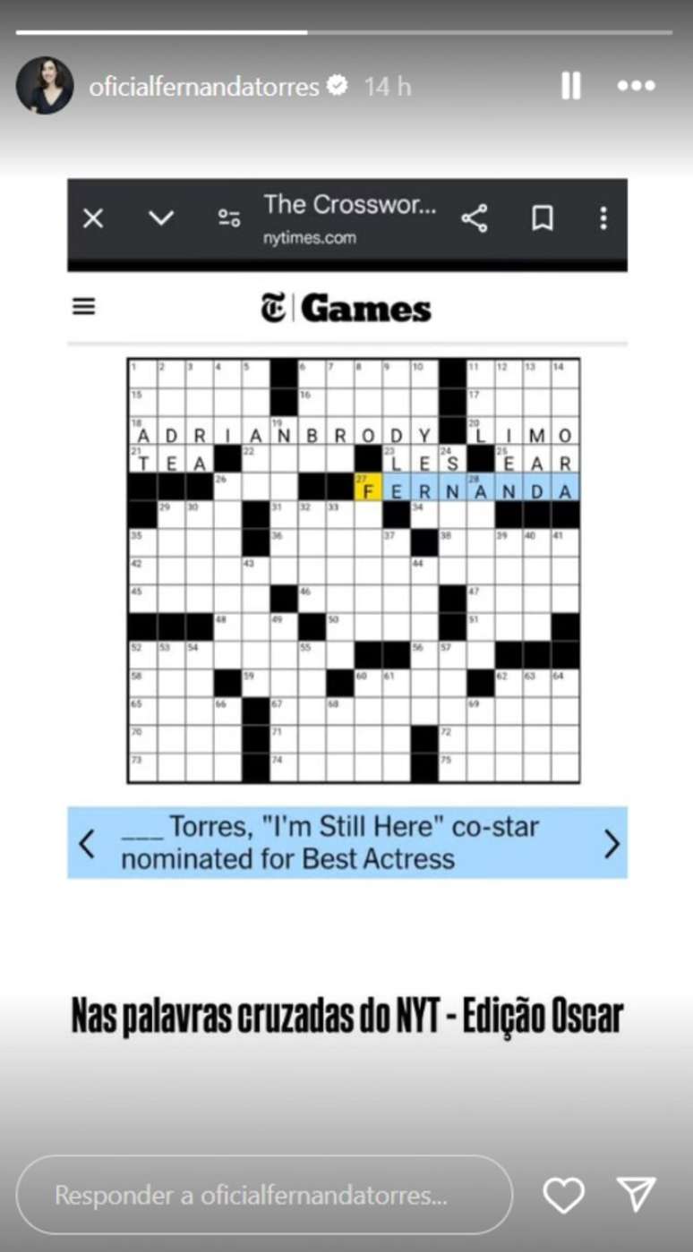 Fernanda Torres compartilhou men&ccedil;&atilde;o nas palavras cruzadas do The New York Times