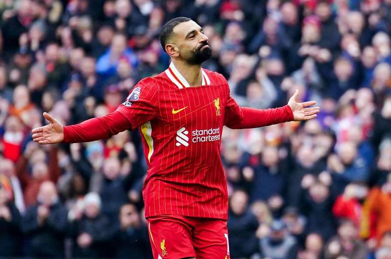 Mohamed Salah (Liverpool) comemorando seu gol contra o Manchester City, no dia 24.02.2025