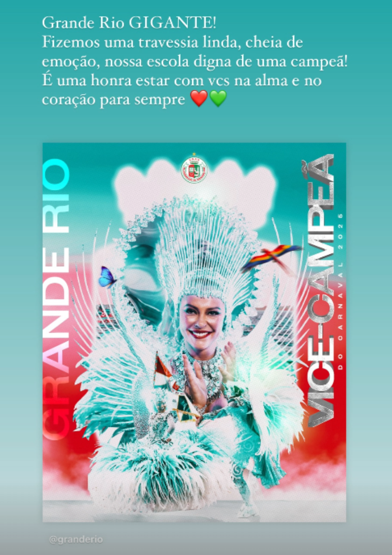 Post de Paolla Oliveira após derrota da Grande Rio no carnaval de 2025.