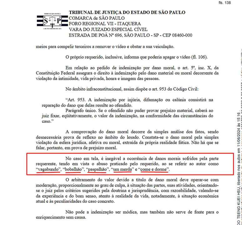 Documento jurídico que indica condenação de Casimiro na Justiça –