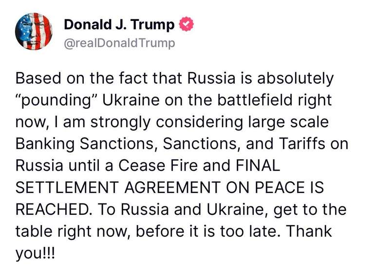 Postagem de Trump na rede social X com ameaça de sanções à Rússia