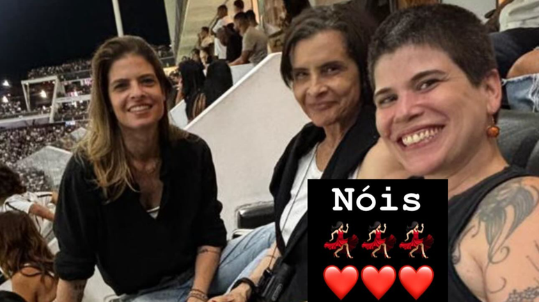 Marina Lima assiste a jogo de futebol com esposa e amiga