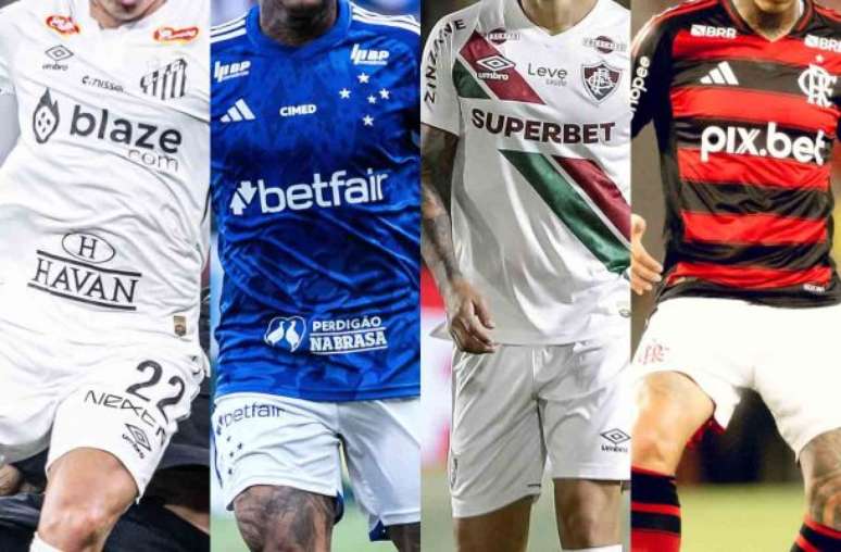 Fotos: Raul Baretta/Santos, Gustavo Aleixo/Cruzeiro, Lucas Merçon/Fluminense e Adriano Fontes/Flamengo - Legenda: Casas de apostas tem supremacia nas camisas dos clubes da Série A