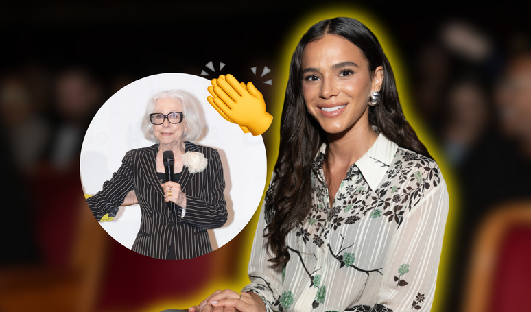 Taispeánann Bruna Marquezine aoibh gháire agus stíl ócáideach chun onóir a thabhairt do Fernanda Monteneéagró i gcéad taibhiú de 'Victory'.