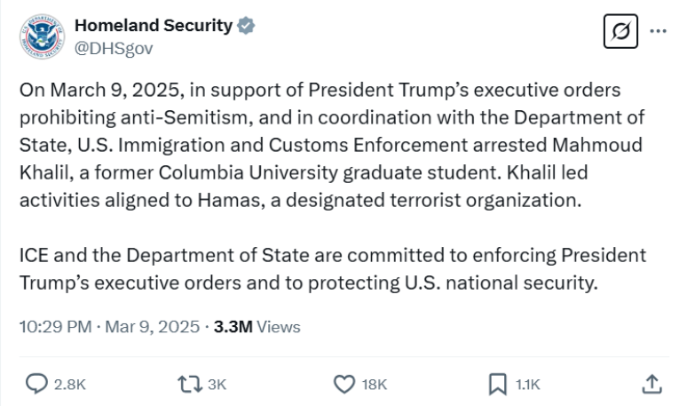 Publica&ccedil;&atilde;o do DHS confirma pris&atilde;o de Mahmoud Khalil 