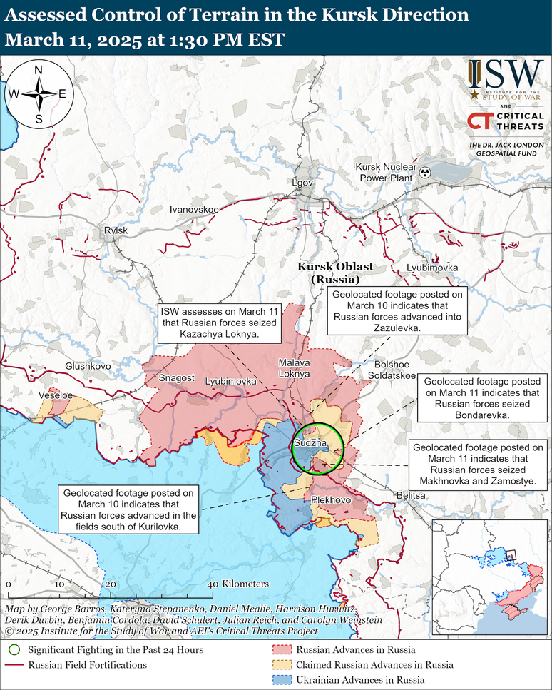 Mapa ISW da situação na região de Kursk, na Rússia, em 12 de março.
