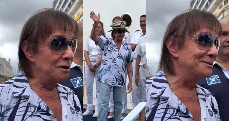 Roberto Carlos na entrada do navio Costa Pacífica, no litoral paulista