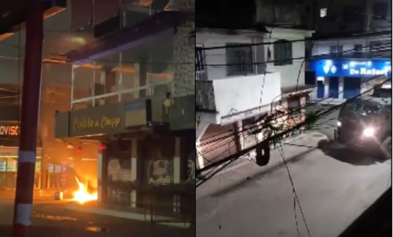 Montagem mostra uma barricada na entrada da Vila do João e blindado do Bope visto na Maré