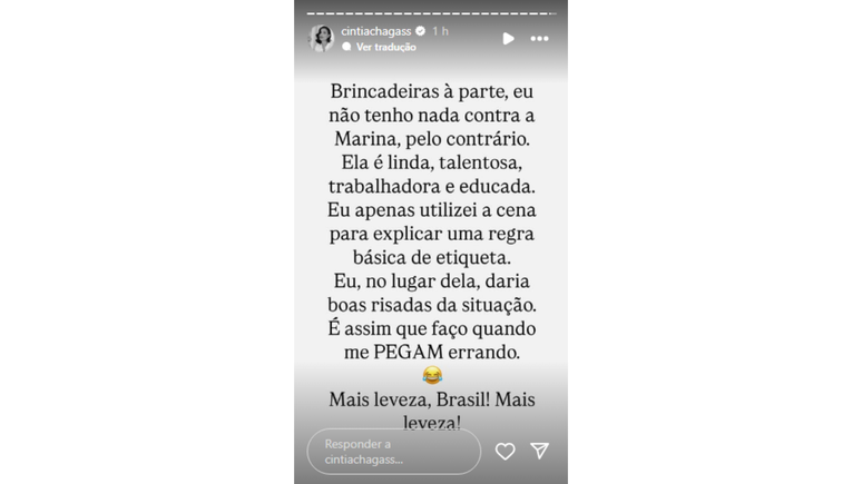 Depois dos comentários, Cintia voltou aos stories para se explicar e dizer que só estava usando a situação para ensinar uma regra básica de etiqueta. 