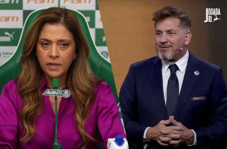 Fotos: - Cesar Greco / Palmeiras e Reprodução / Conmebol TV - Legenda: Leila Pereira rebate fala de presidente da Conmebol