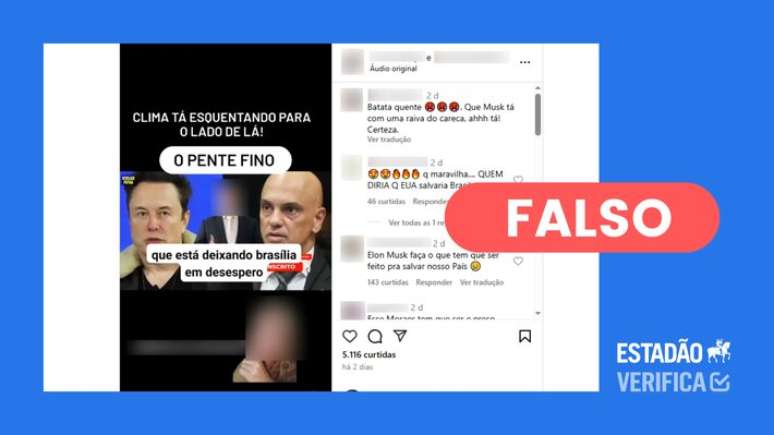 Vídeo afirma falsamente que Elon Musk teria revelado envolvimento de Alexandre de Moraes em esquema milionário nos EUA