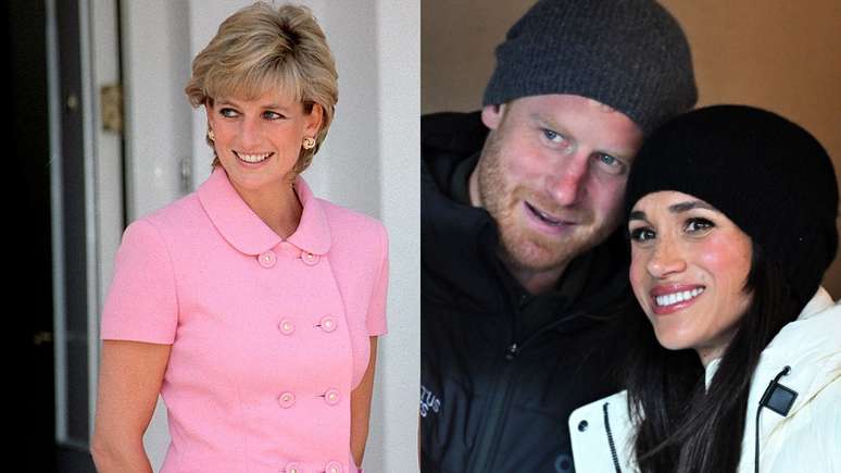 A princesa Diana (esq.) e o casal Harry e Meghan Markle (dir.)