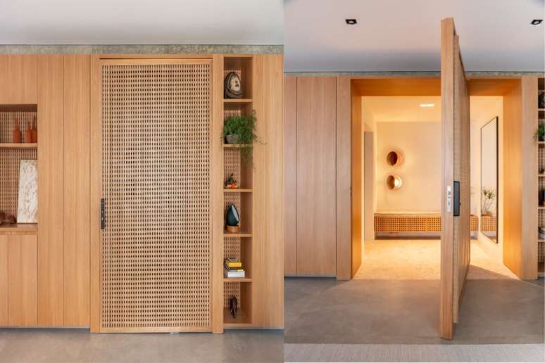 A porta pivotante em muxarabi traz, neste projeto, imponência e charme logo na entrada do apartamento Projeto: Rawi Arquitetura + Design |