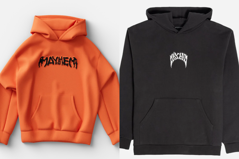 Empresa acusa Lady Gaga de plágio em artes de novo álbum; à esquerda, mercadoria do novo álbum da cantora, à direita, blusa vendida pela empresa Lost International