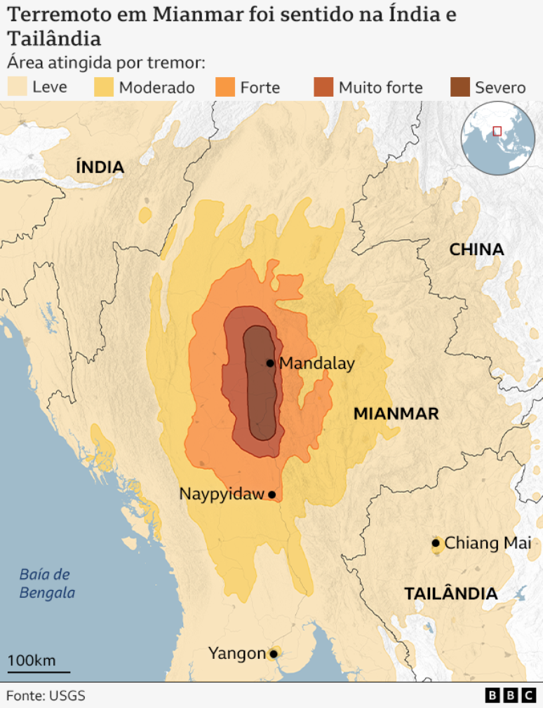 Mapa mostra área atingida por tremor após terremoto no Mianmar
