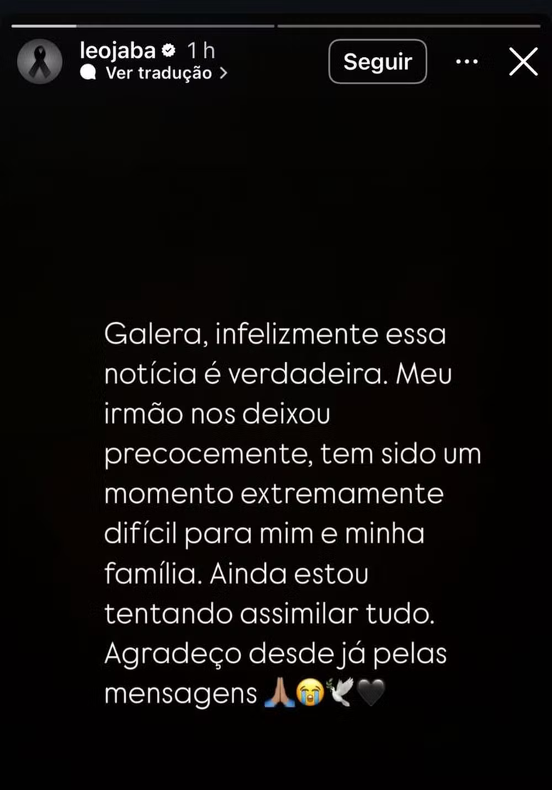 Postagem feita por L&eacute;o Jab&aacute; nas redes sociais