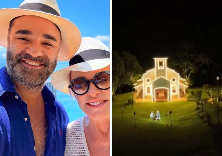 Ana Maria Braga e seu noivo; imagem da capela iluminada