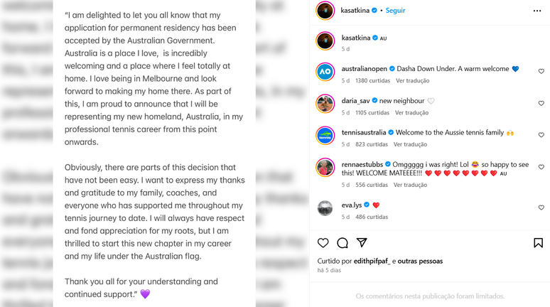 Em seu instagram, Daria publicou uma nota sobre sua mudan&ccedil;a de nacionalidade.