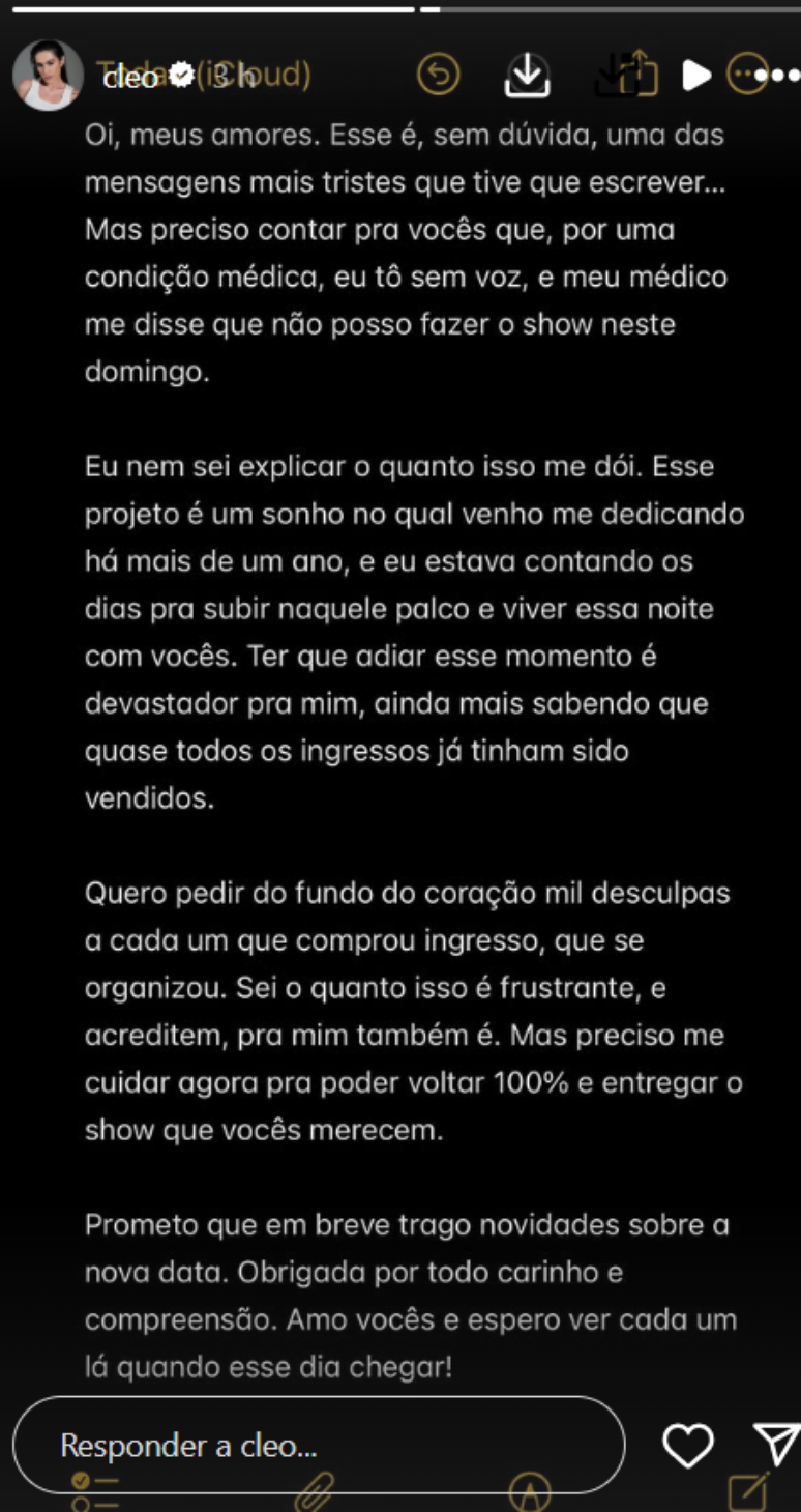 Cleo falou sobre o cancelamento de seu projeto 