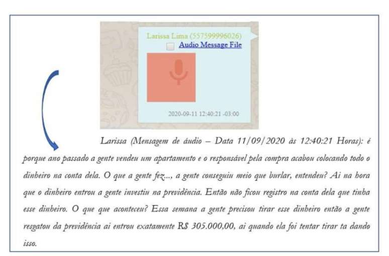 &Aacute;udio de Larissa para contador afirmando  afirmando que burlou o sistema de  fiscaliza&ccedil;&atilde;o da Receita Federal