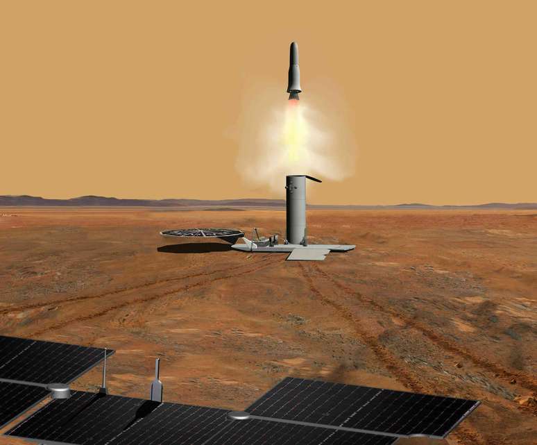 A missão Mars Sample Return pretende enviar rochas de Marte para a Terra para estudo aqui. Esta ilustração mostra o foguete com as amostras partindo de Marte. Nasa/JPL-Caltech