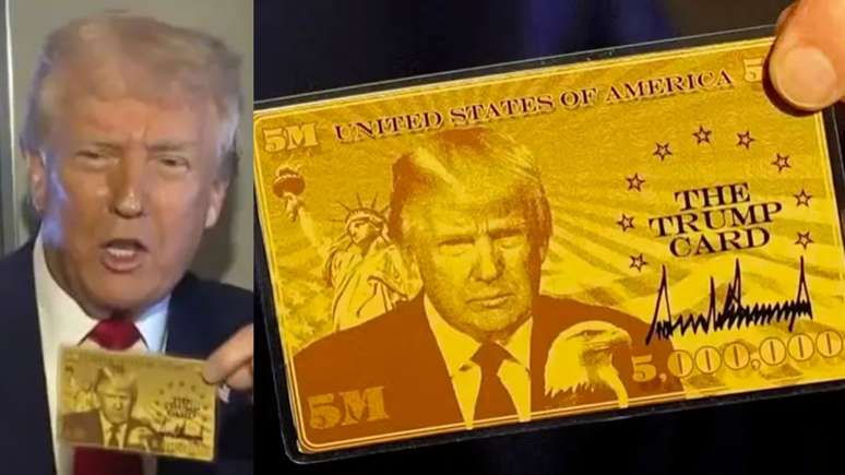 Trump apresenta prot&oacute;tipo do visto dourado" a jornalistas durante entrevista no Air Force One