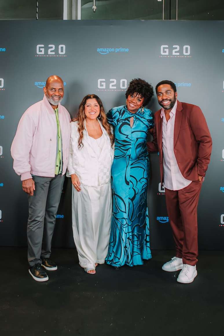 Julius Tennon, Regina Cas&eacute;, Viola Davis e L&aacute;zaro Ramos no evento de lan&ccedil;amento do filme 'G20' no Morro da Urca, no Rio de Janeiro.