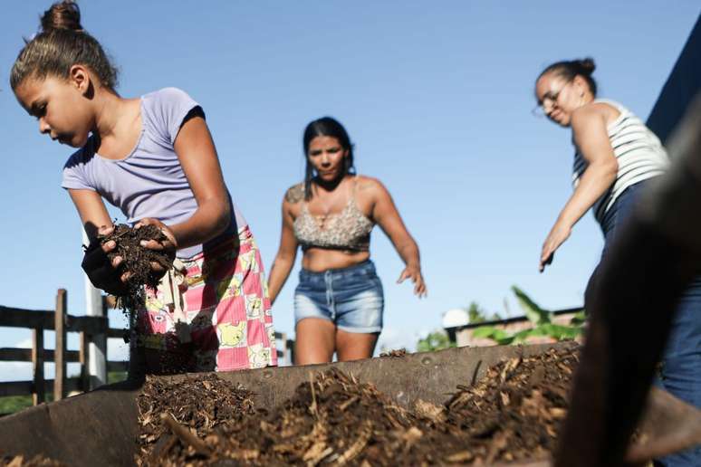 Horta Comunitária Mãos de Milagres, no Ibura, periferia do Recife (PE), durante plantio de feijão, milho e jerimum.