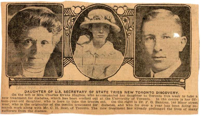 Uma reportagem do jornal Toronto Daily Star noticia que a jovem Elizabeth (ao centro) come&ccedil;aria o tratamento com insulina