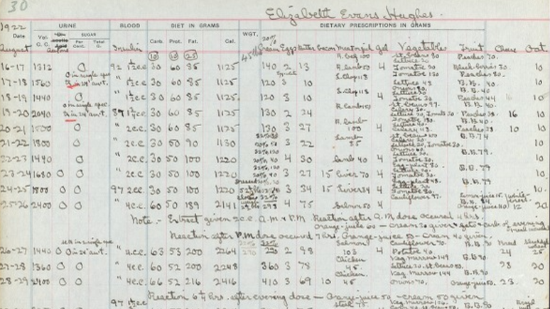 Uma das tabelas que Elizabeth preenchia &agrave; m&atilde;o para monitorar alguns par&acirc;metros do diabetes