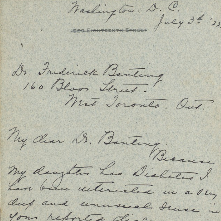 A carta escrita pela m&atilde;e de Elizabeth para Frederick Banting, em que solicita a inclus&atilde;o da filha nos testes cl&iacute;nicos da insulina