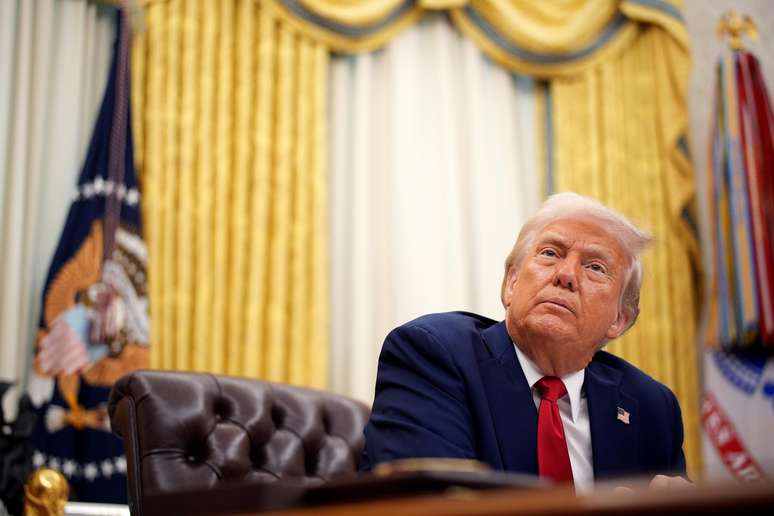 Presidente dos Estados Unidos Donald Trump em coletiva na Casa Branca.