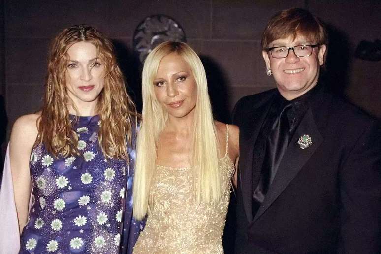 Madonna, Donatella Versace and Elton John (l. to r.) get together at the Metropolitan Museum of Art for opening of the Costume Institute's exhibition of the fashions of the late Gianni Versace.