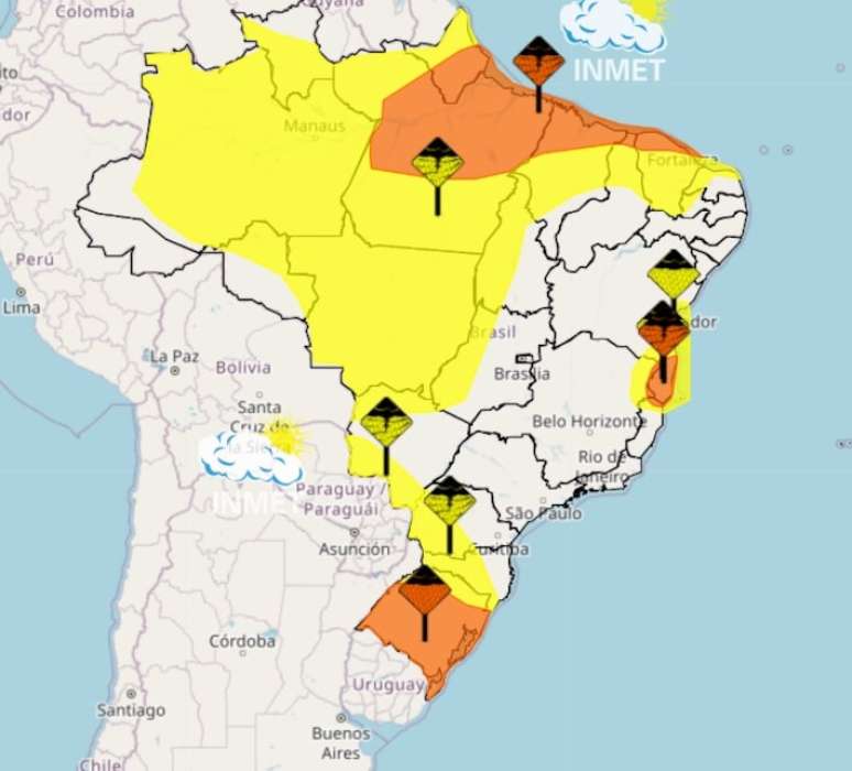 Alerta laranja para chuvas intensas e volumosas no Brasil, segundo o Inmet.