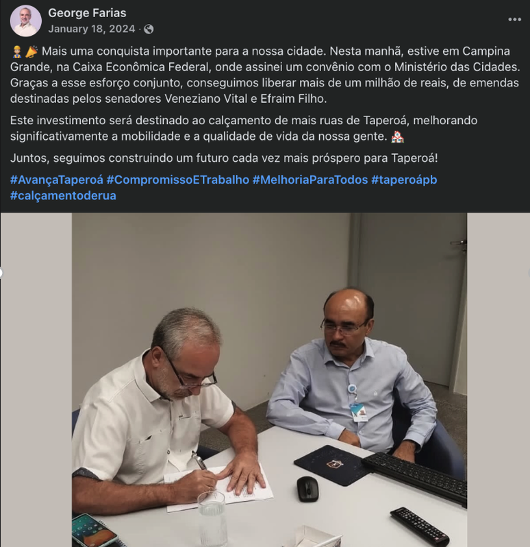 Prefeito George Farias, de Tapero&aacute; (PB), comemora recebimento de recursos para obras de pavimenta&ccedil;&atilde;o em sua conta no Facebook