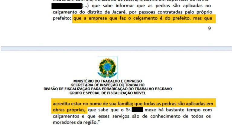 Em depoimento ao Minist&eacute;rio do Trabalho e Emprego, trabalhador da pedreira diz que prefeito seria o verdadeiro respons&aacute;vel pela empresa de cal&ccedil;amento.