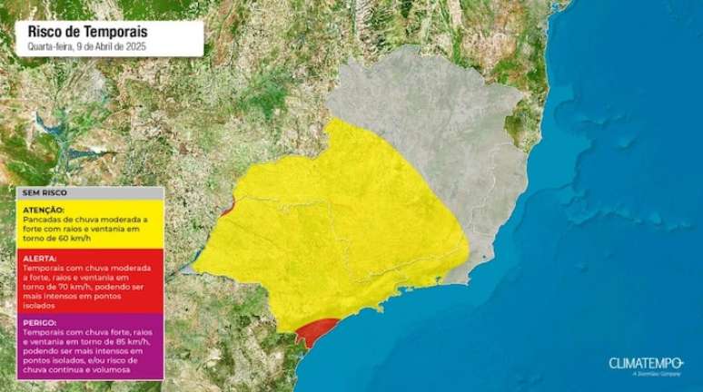 Durante as chuvas, áreas em amarelo no mapa podem ter ventos de 51 a 70 km/h, e áreas em vermelho podem chegar a 90 km/h.