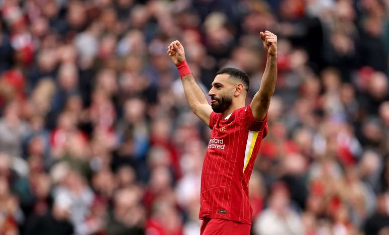 Salah comemorando um gol pelo Liverpool &ndash;