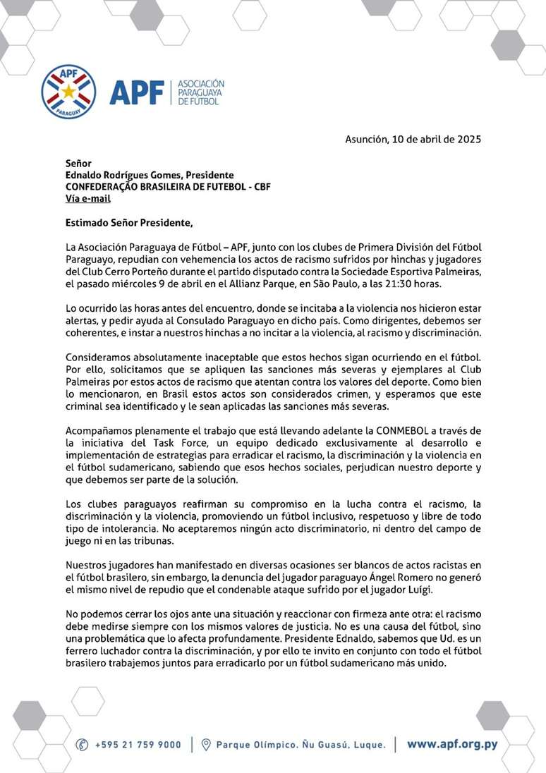 Carta enviada à CBF