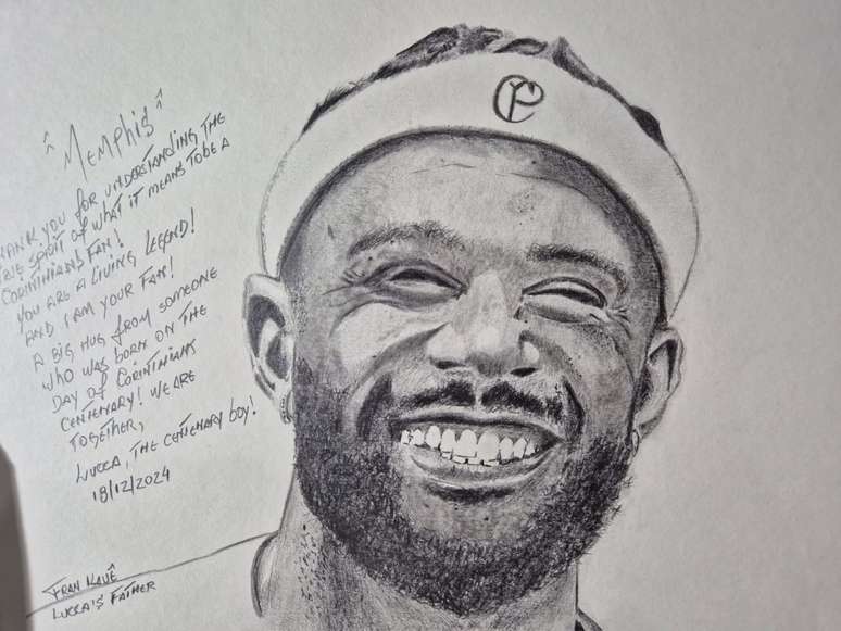 Desenho de Fran para Memphis Depay. Na legenda, mencionou o filho Lucca, nascido no centenário do Corinthians.