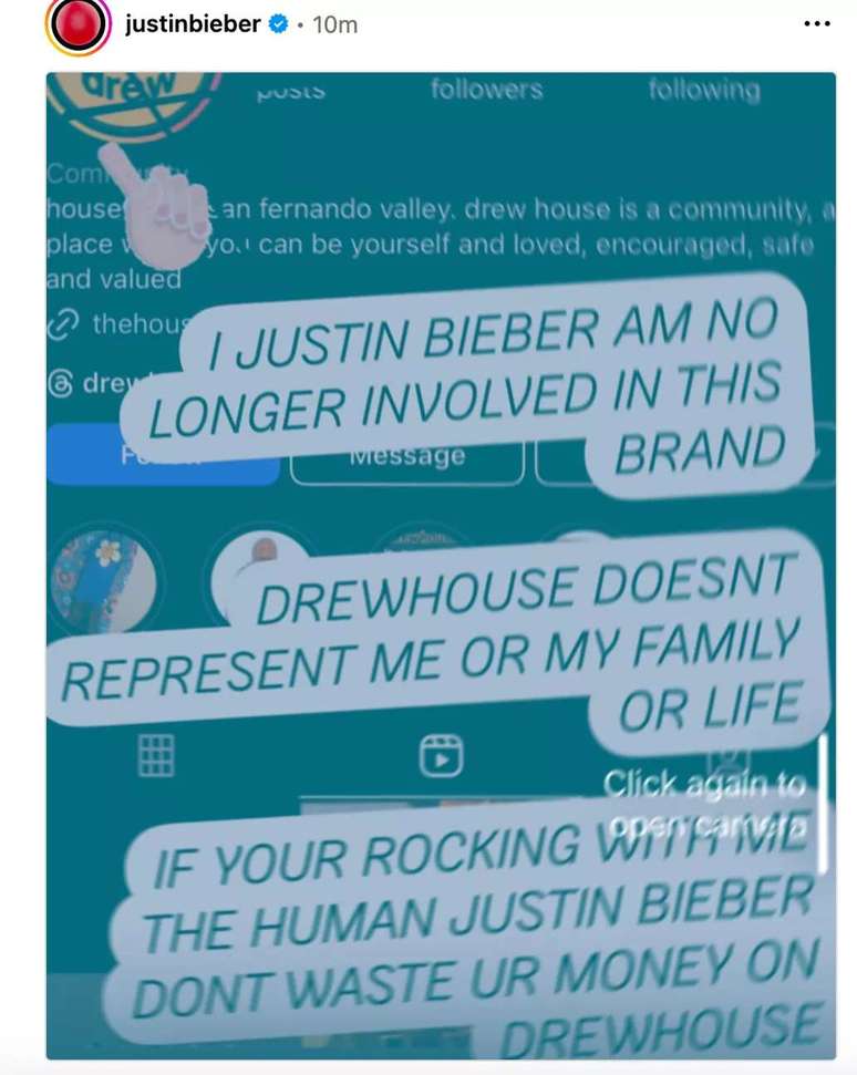 Justin Bieber Instagram Story, Drewhouse