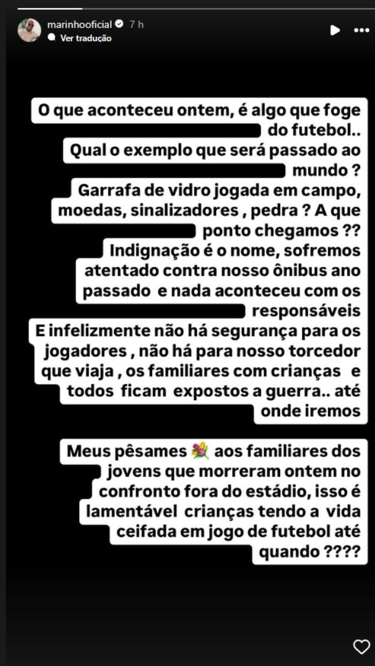 Marinho se pronuncia sobre epis&oacute;dio de viol&ecirc;ncia no Chile. 
