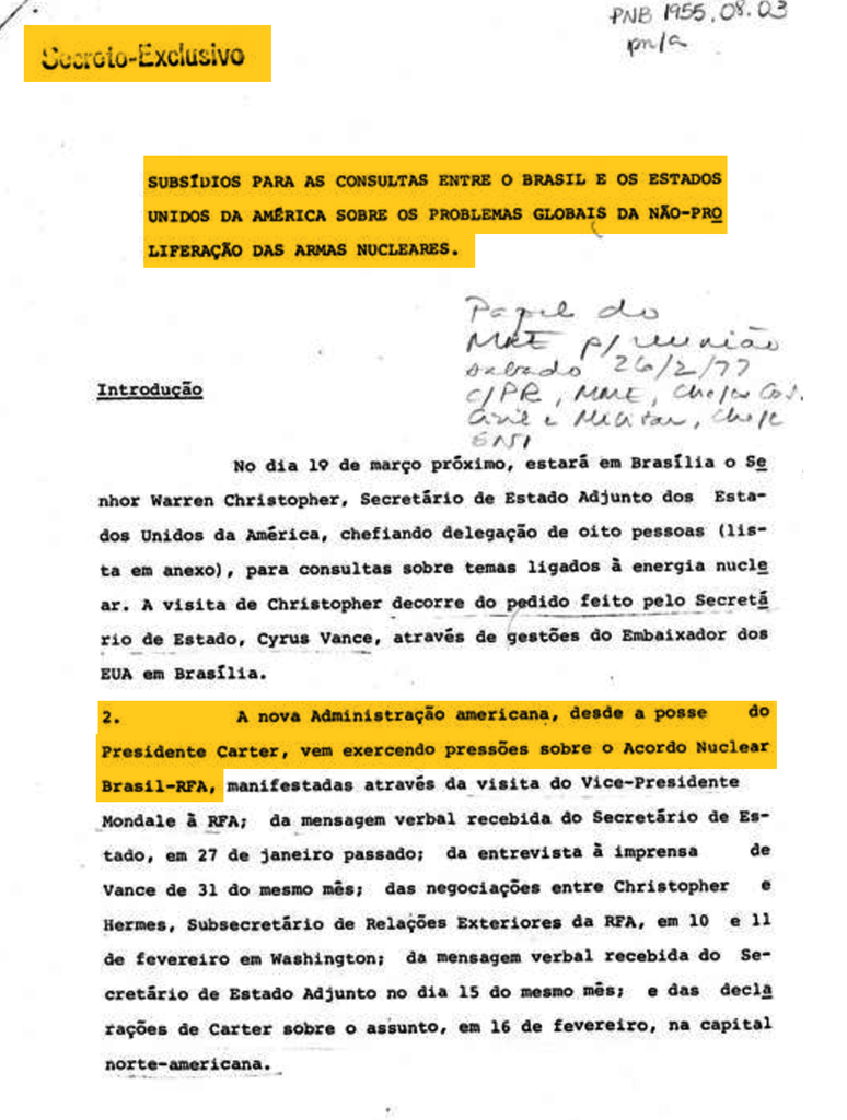 Trecho de relat&oacute;rio produzido em 1978 pelo Minist&eacute;rio das Rela&ccedil;&otilde;es Exteriores sobre a press&atilde;o exercida pelo governo de Jimmy Carter contra o programa nuclear brasileiro
