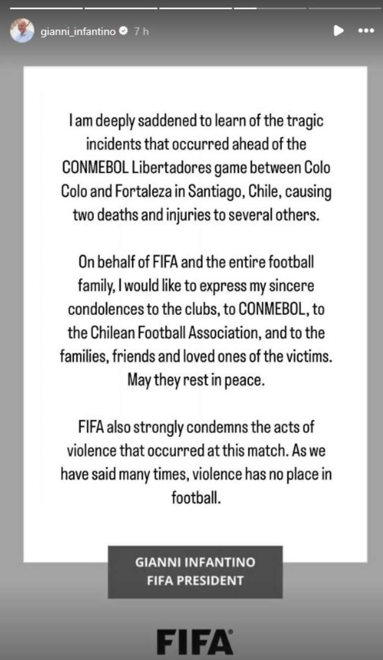 Publicação de Gianni Infantino, presidente da FIFA, nas redes sociais. 