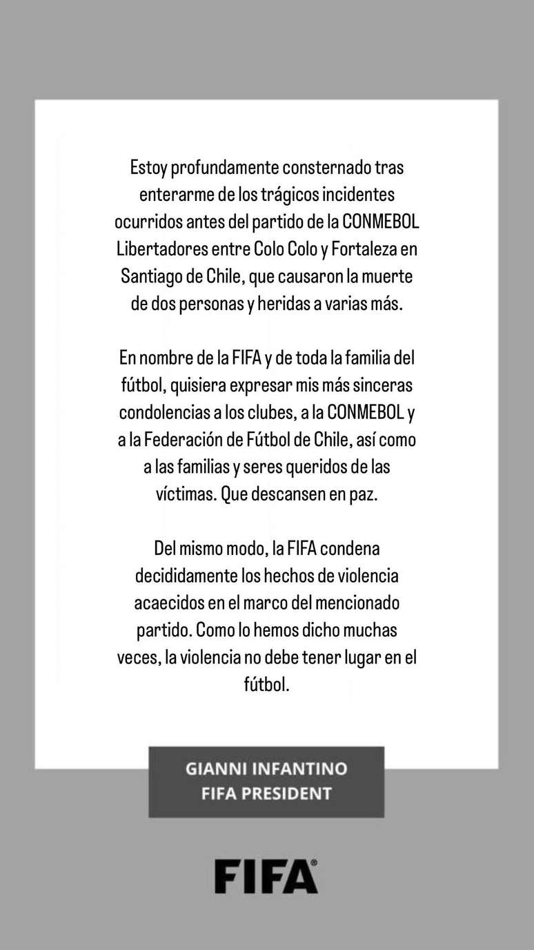 Nota oficial de Infantino, presidente da Fifa, sobre Colo-Colo x Fortaleza &ndash;