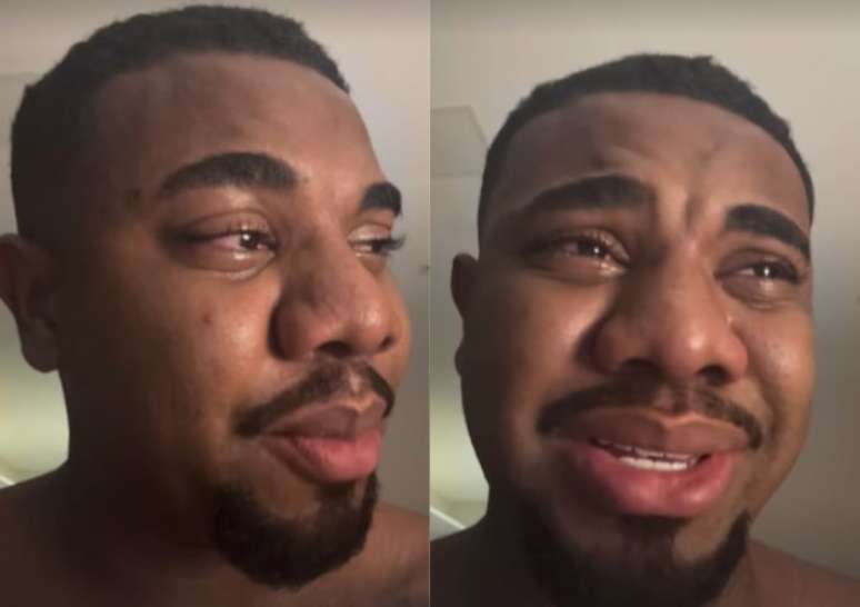 Davi Brito publica vídeos chorando após término com a namorada Adriana Paula.