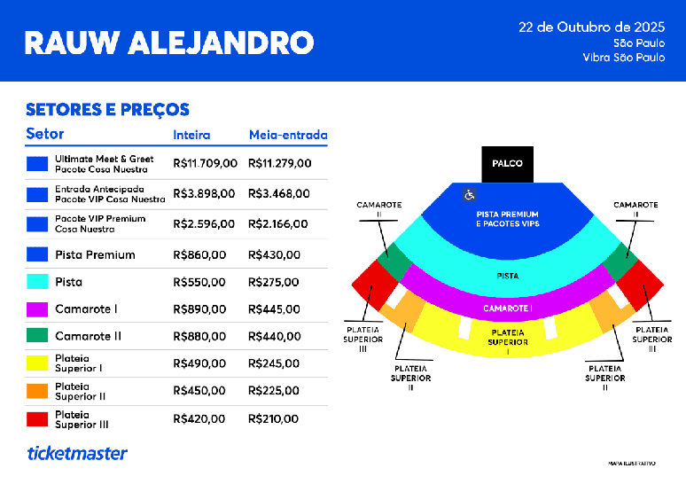 Mapa de ingressos para o show de Rauw Alejandro